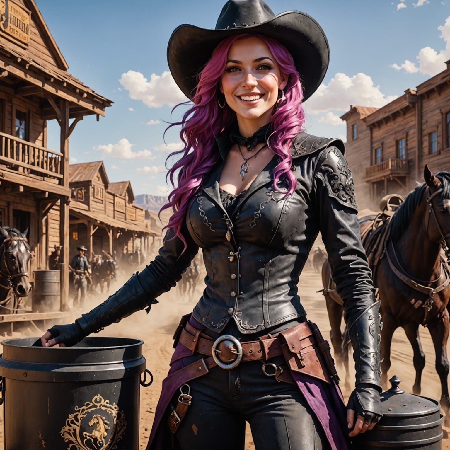 Gothic Cowgirl with Pink Hair by Black Horse in Watercolor S...