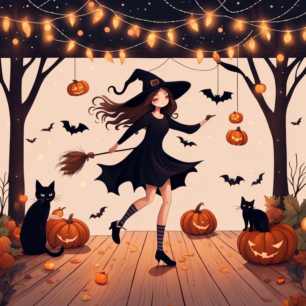 Cozy Fall Witch Dancing in Garden Illustration