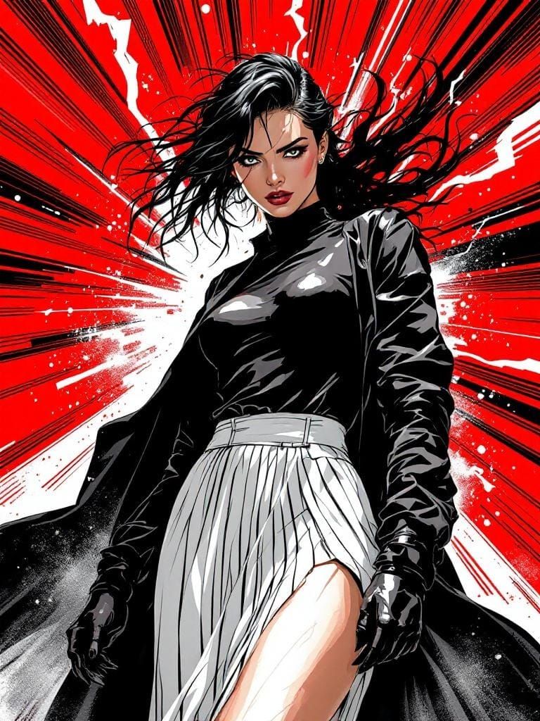 Confident Woman in White Skirt, Comic Book Style