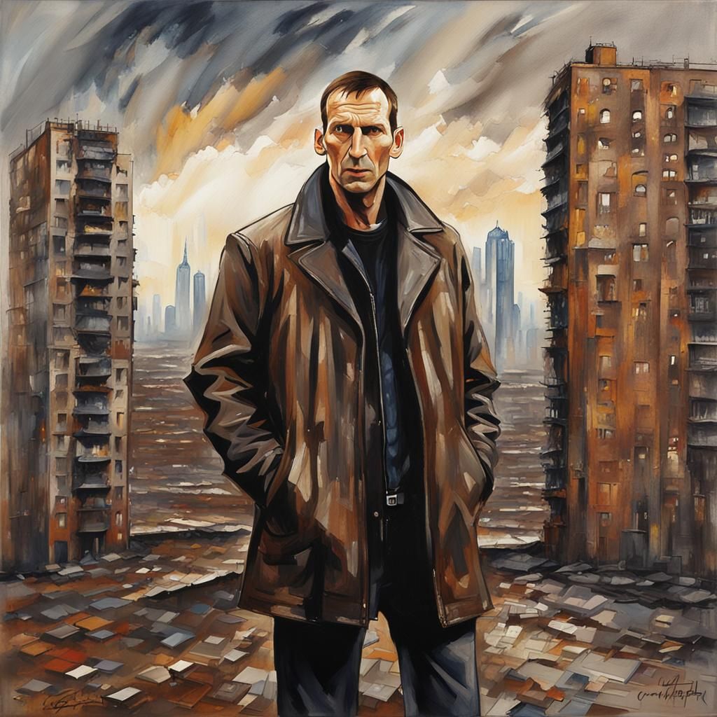 Ninth Doctor in Gouache Impressionist Cityscape