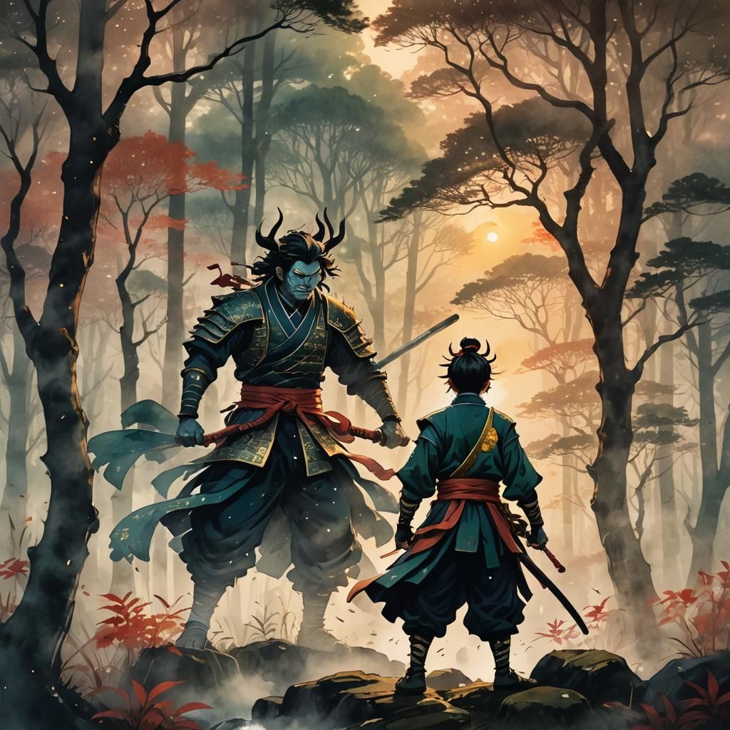 Tanjiro in Japanese Ink Painting Forest at Sunset