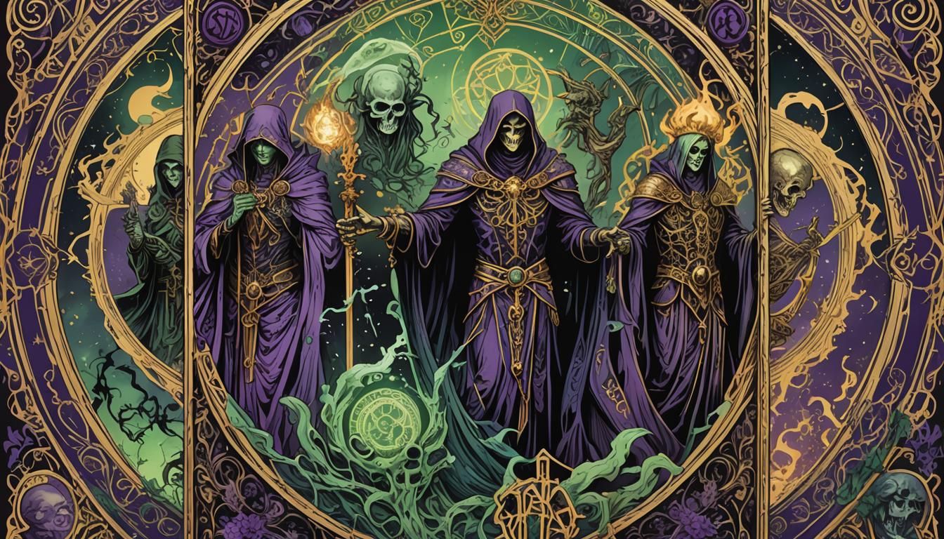 RPG Characters with Tarot Cards in Ink Illustration