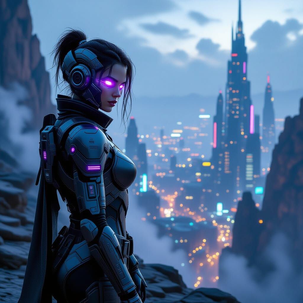 Cyborg Overlooking Neon Cyberpunk City
