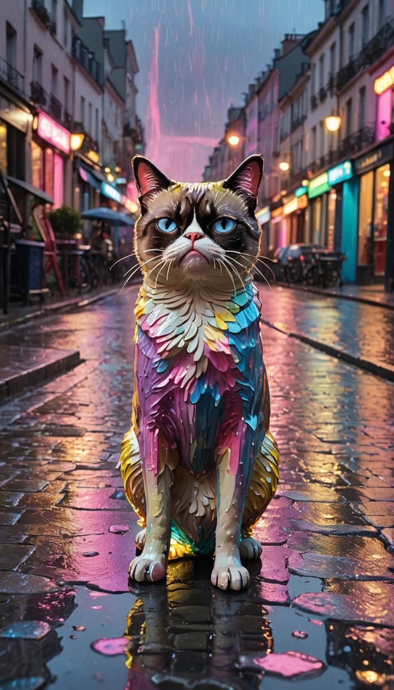 Grumpy Cat Figurine in Rainy Montmartre: Pop Art