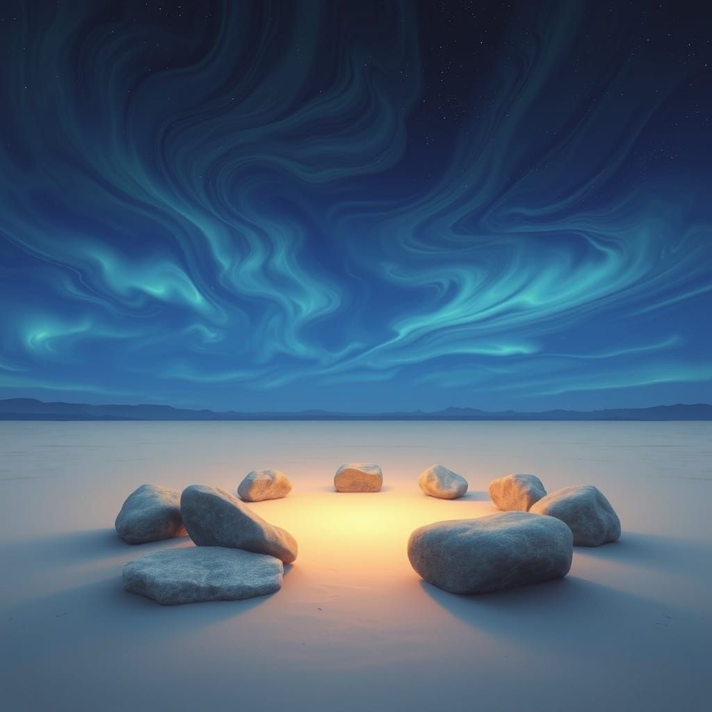 Desert Aurora Borealis with Meditative Stone Circle