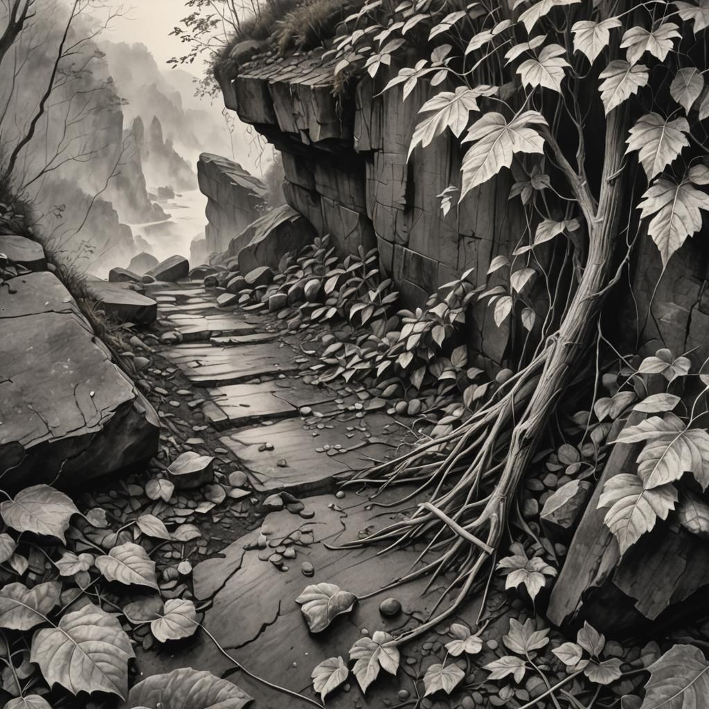 Hyperdetailed Charcoal Drawing of Rake on Cliffside