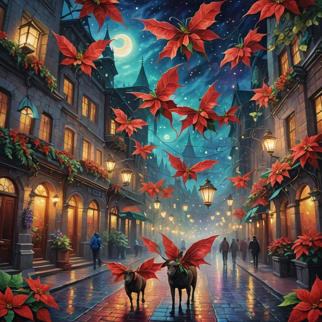 Poinsettia Cityscape in Surreal Urban Fantasy Style