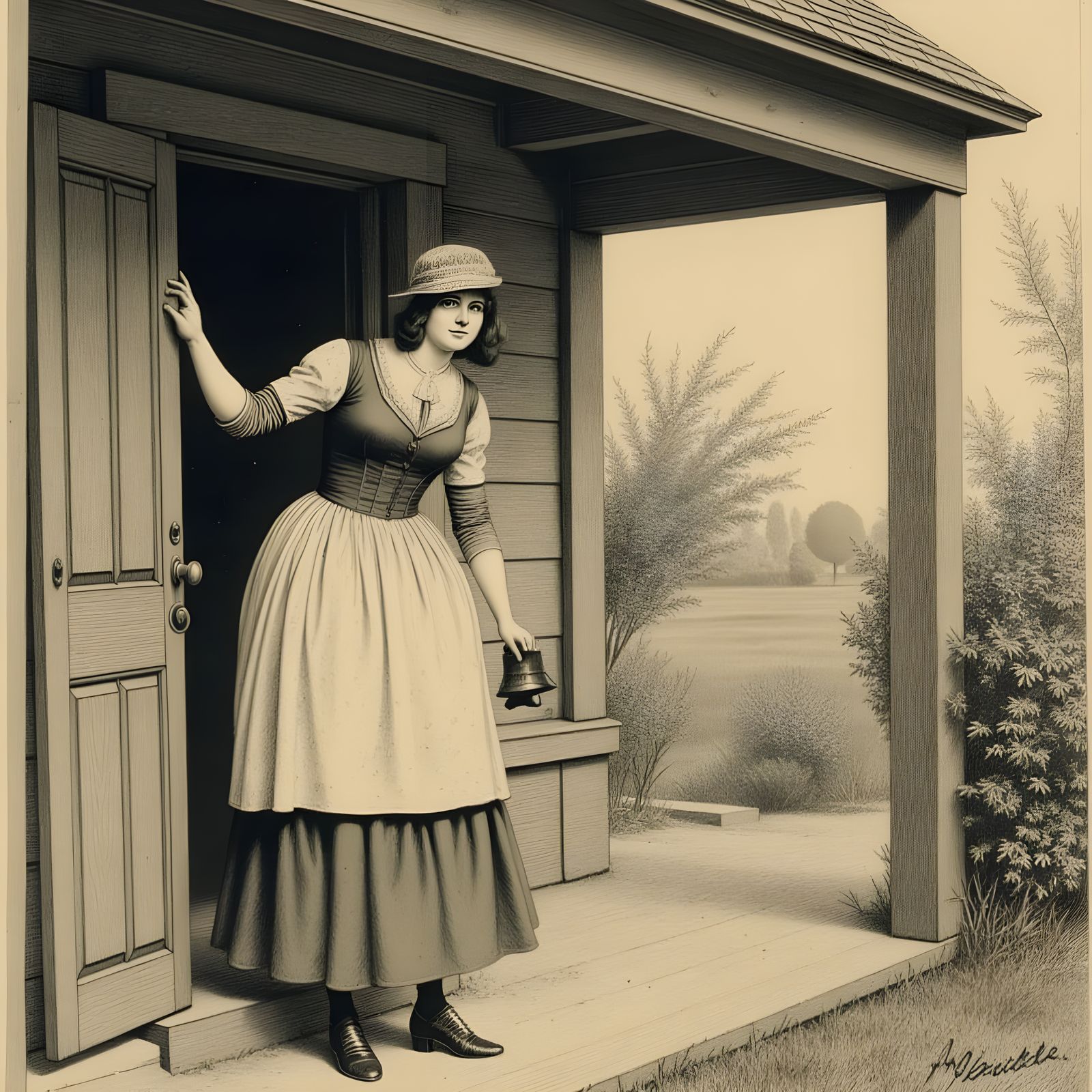 Victorian Woman Rings Dinner Bell in a Cozy Farmhouse Scene