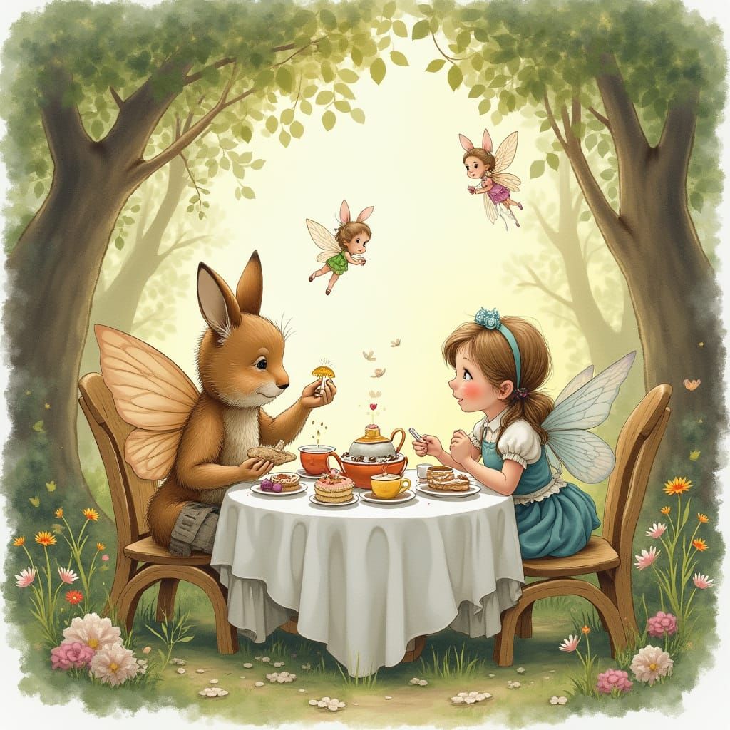 Enchanted Fairy Tea Party in Watercolor Style