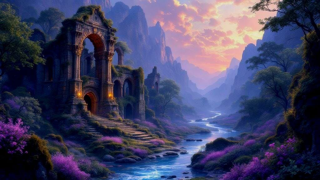 Twilight Valley: Ancient Ruins in a Watercolor Style