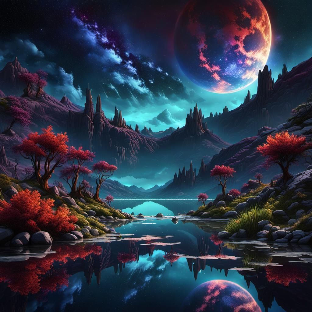 Night Lake Reflects Distant Galaxy in Fantasy Concept Art
