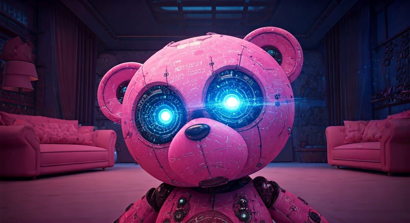 Futuristic Pink Teddy Bear Robot with Solar System Projectio...