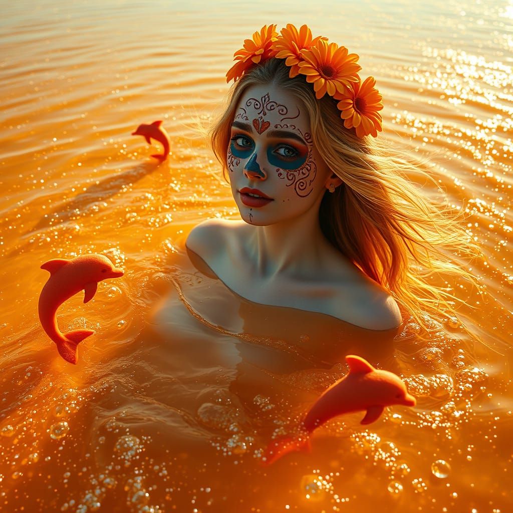 Woman Floats on Soda Sea with Día de los Muertos Theme
