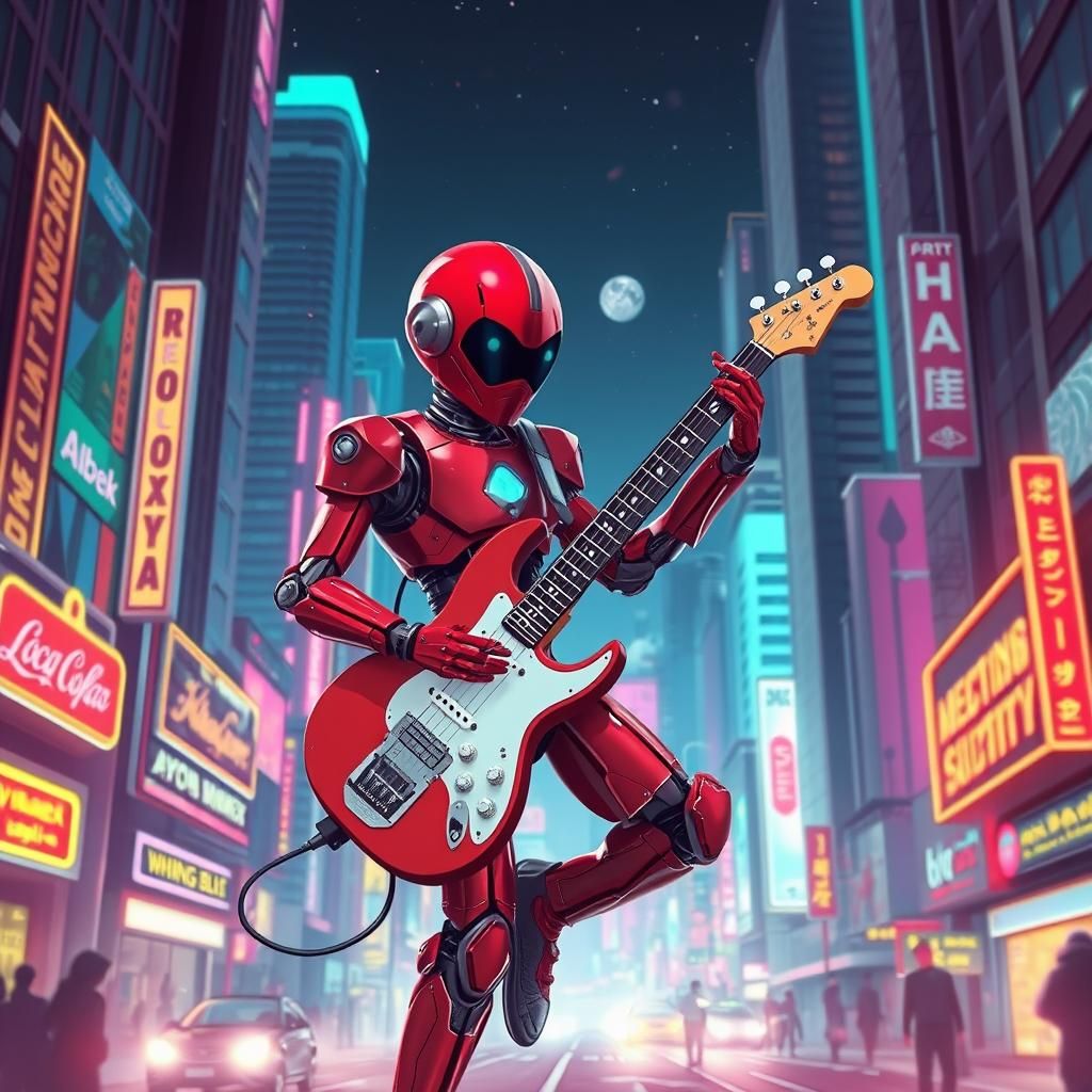 Red Robot Revels in Futuristic Neon Cityscape