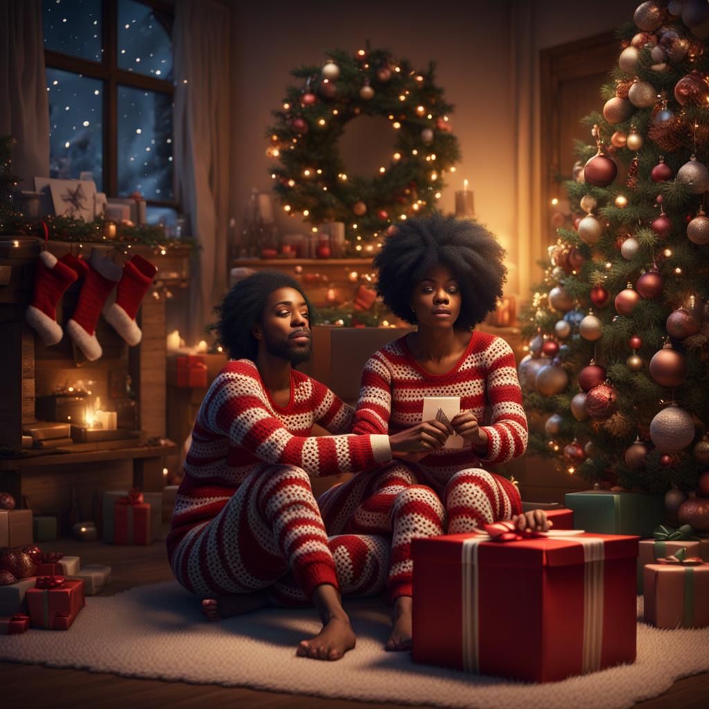 Cozy Christmas Scene with Couple in Crochet Pajamas