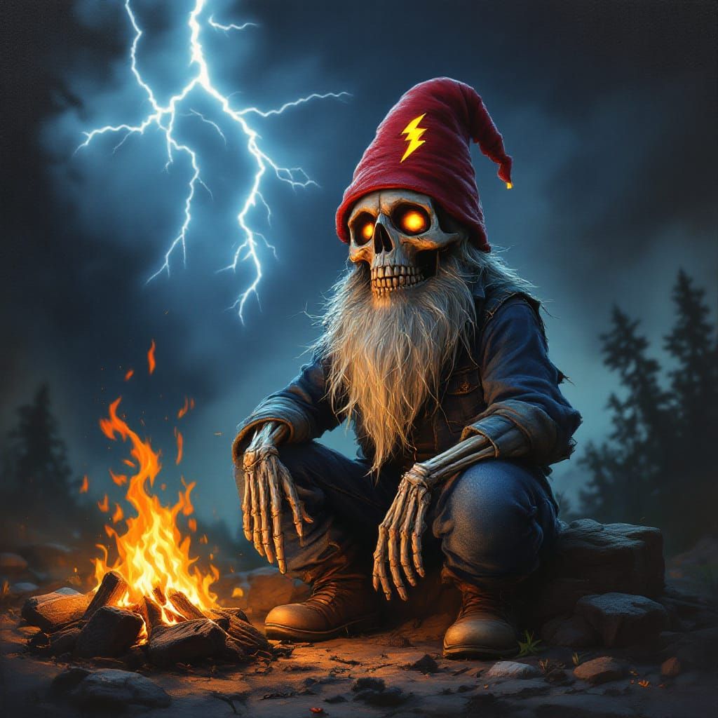 Skeletal Gnome by Campfire in Animated Oil Painting