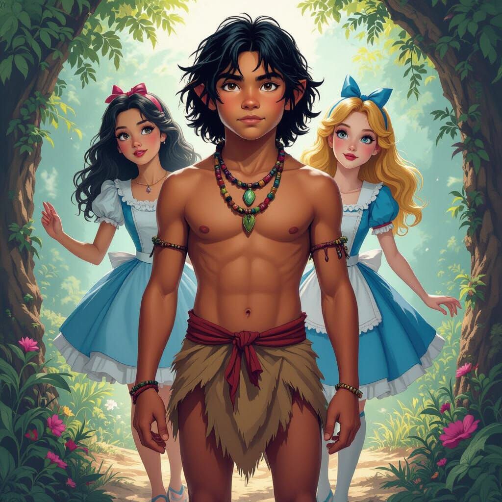 Mowgli with Alice and Cinderella in Surreal Style
