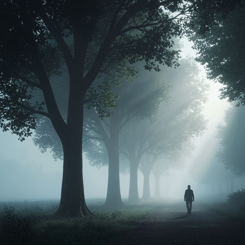 Misty Forest Path Serene Traveler Atmospheric Landscape