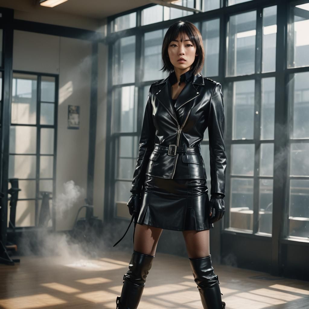 A full-body image of Chiaki Kuriyama, angry face, dressed in...