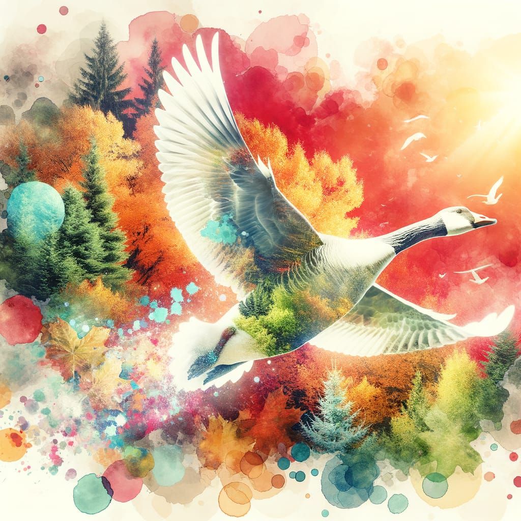 Vibrant Fall Sky with Soaring Goose in Watercolor Vignette