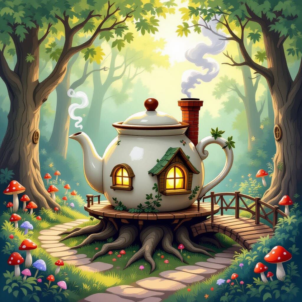 Enchanted Forest Treehouse Teapot in Storybook Style