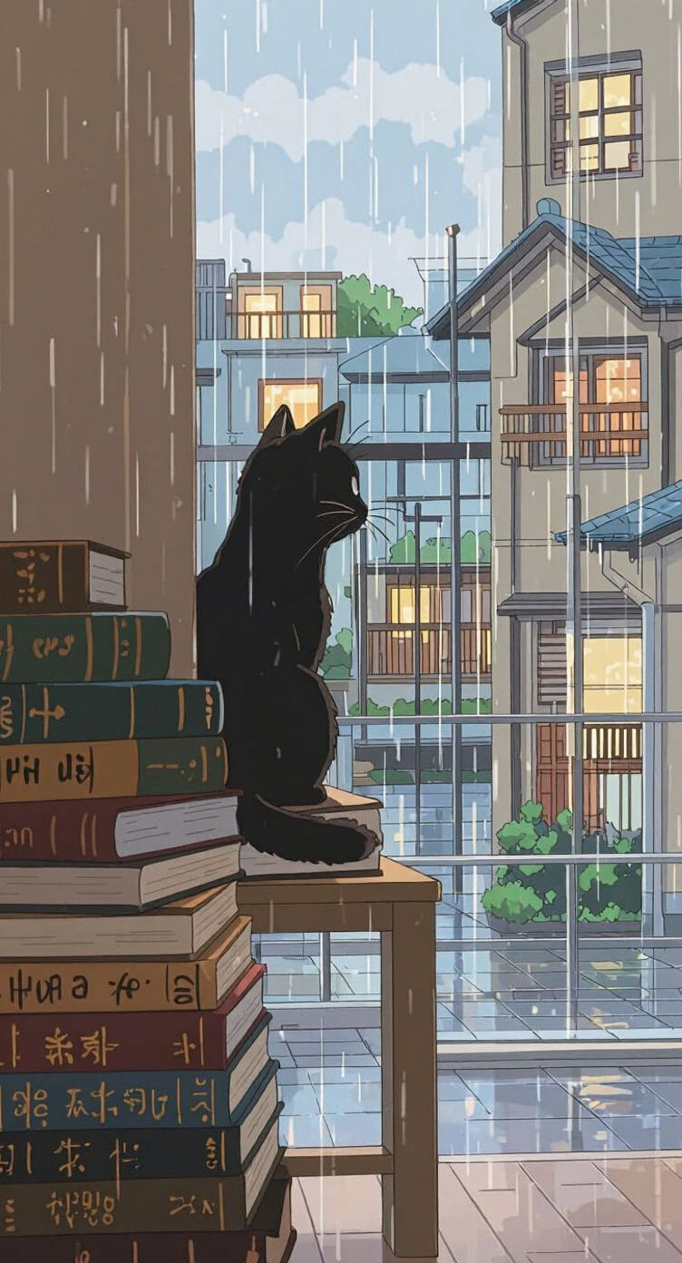 Black Cat Watches Rainy Day in Simple Anime Style