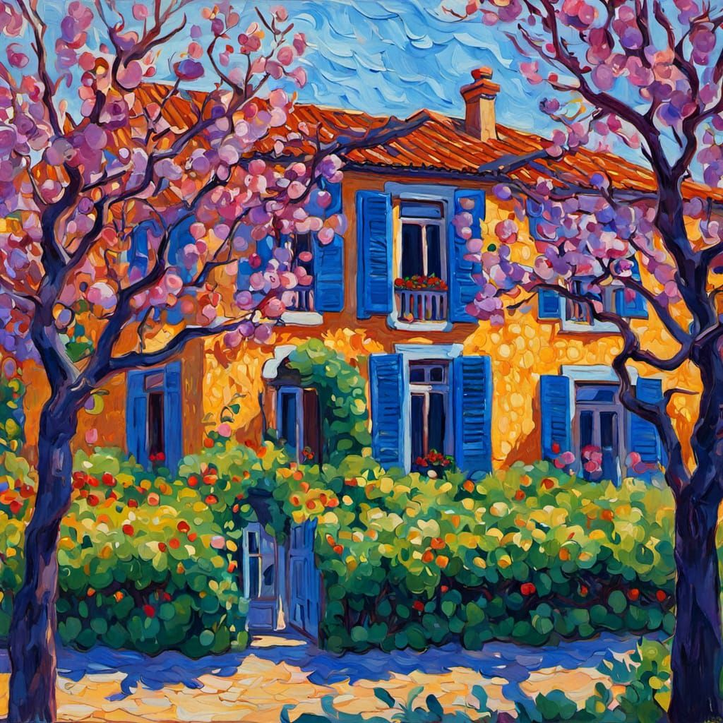House with Plum Trees in Gouache Impasto Style