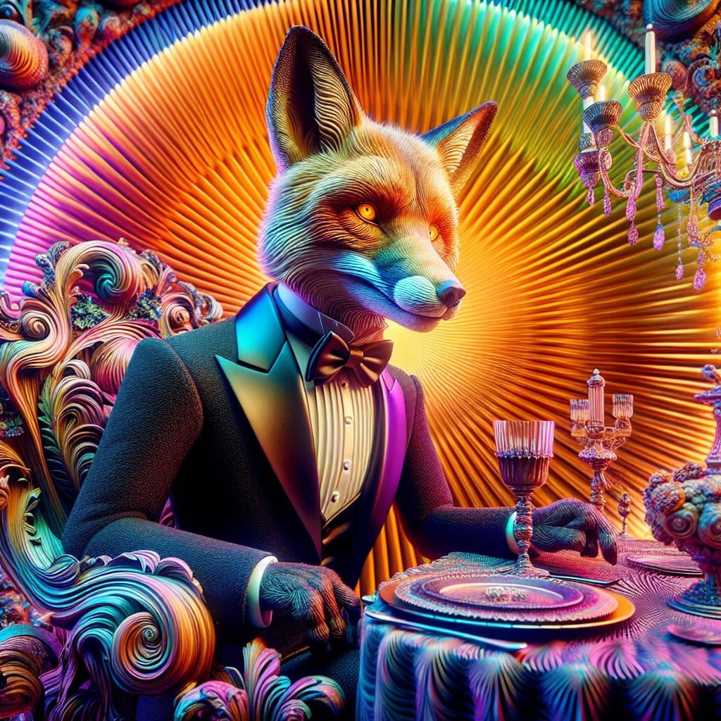 Fox in Tuxedo at Dinner Party in Victorian Style