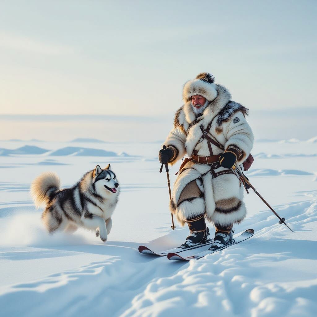 Arctic Traveler and Dog on Snowy Expanse in Classical Realis...