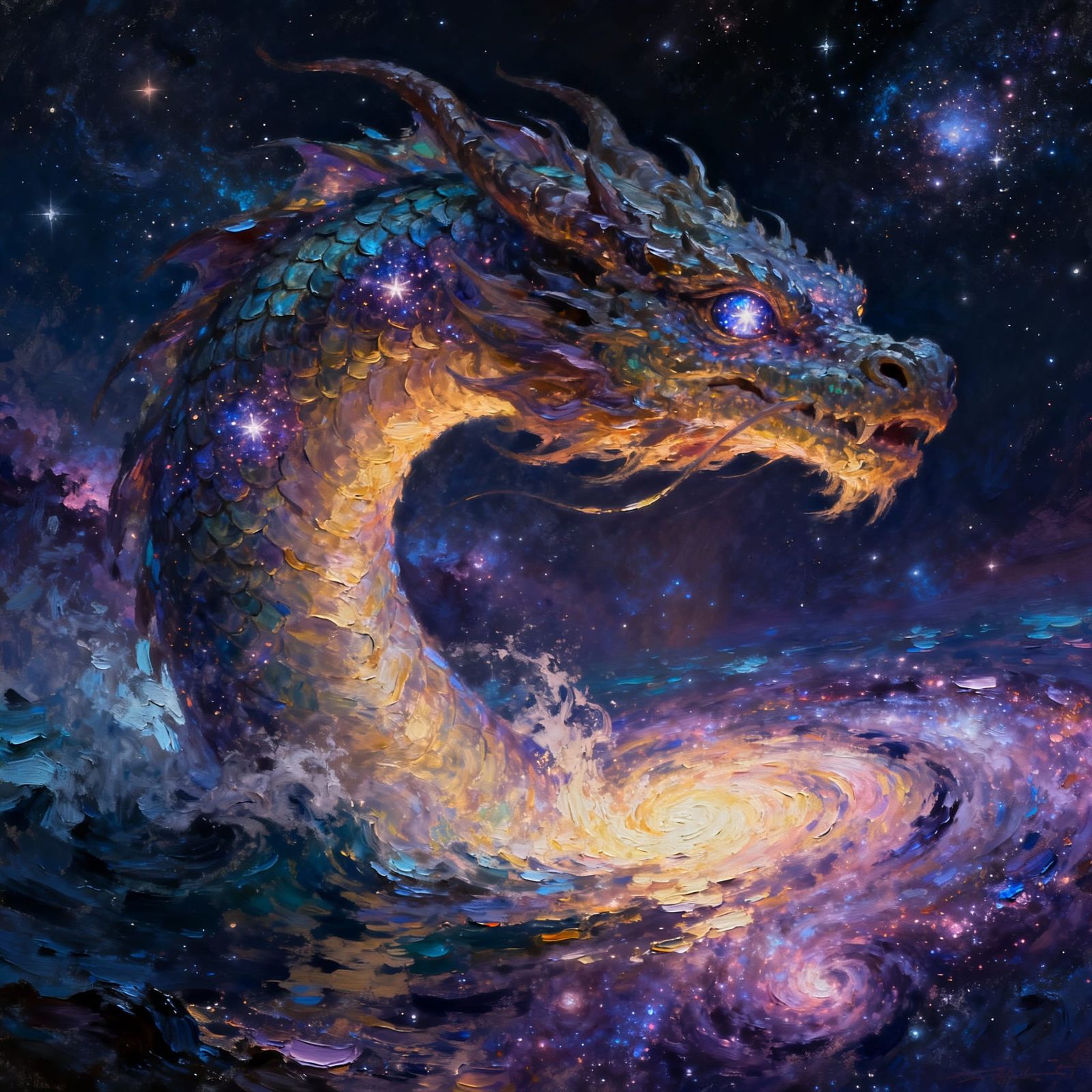 Cosmic Sea Serpent Breaching Nebula, Impasto Style