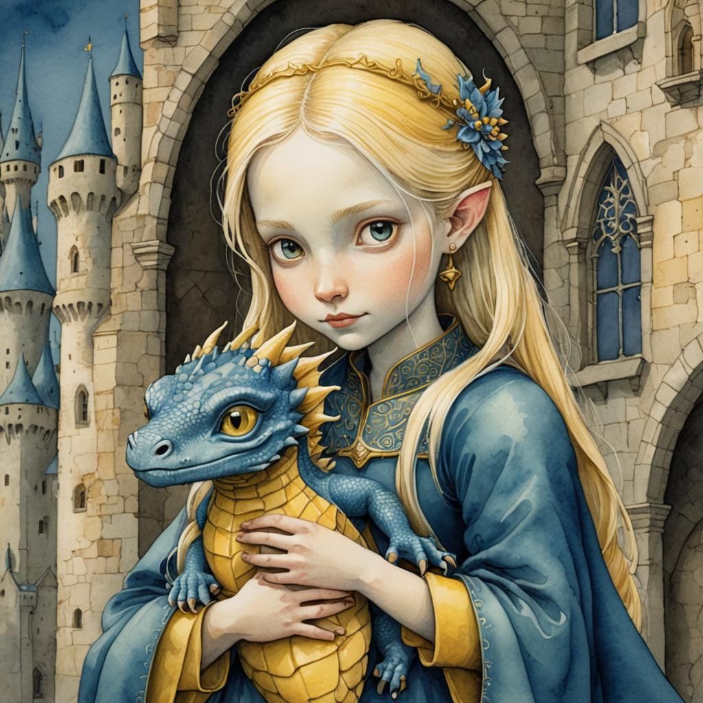 Medieval Woman with Baby Dragon in Watercolor Style
