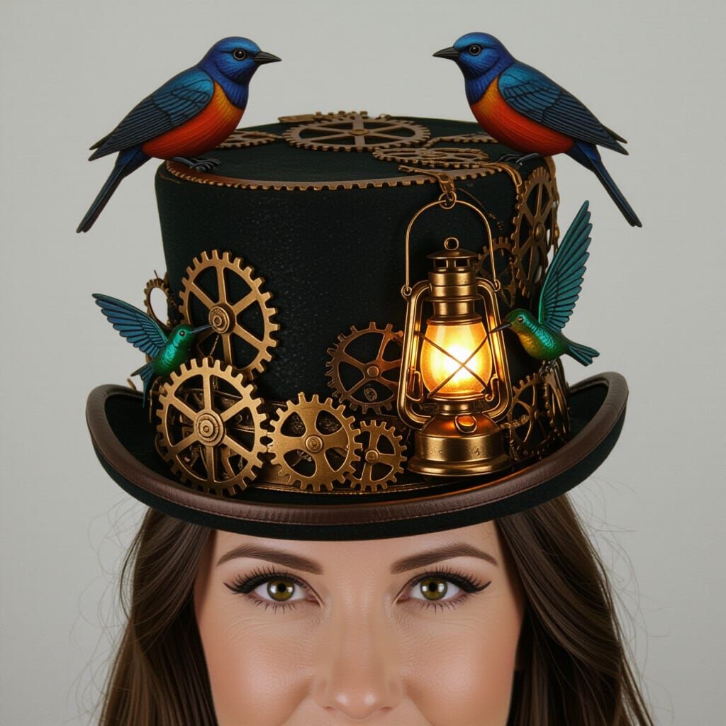 Intricate Steampunk Hat with Birds and Lantern