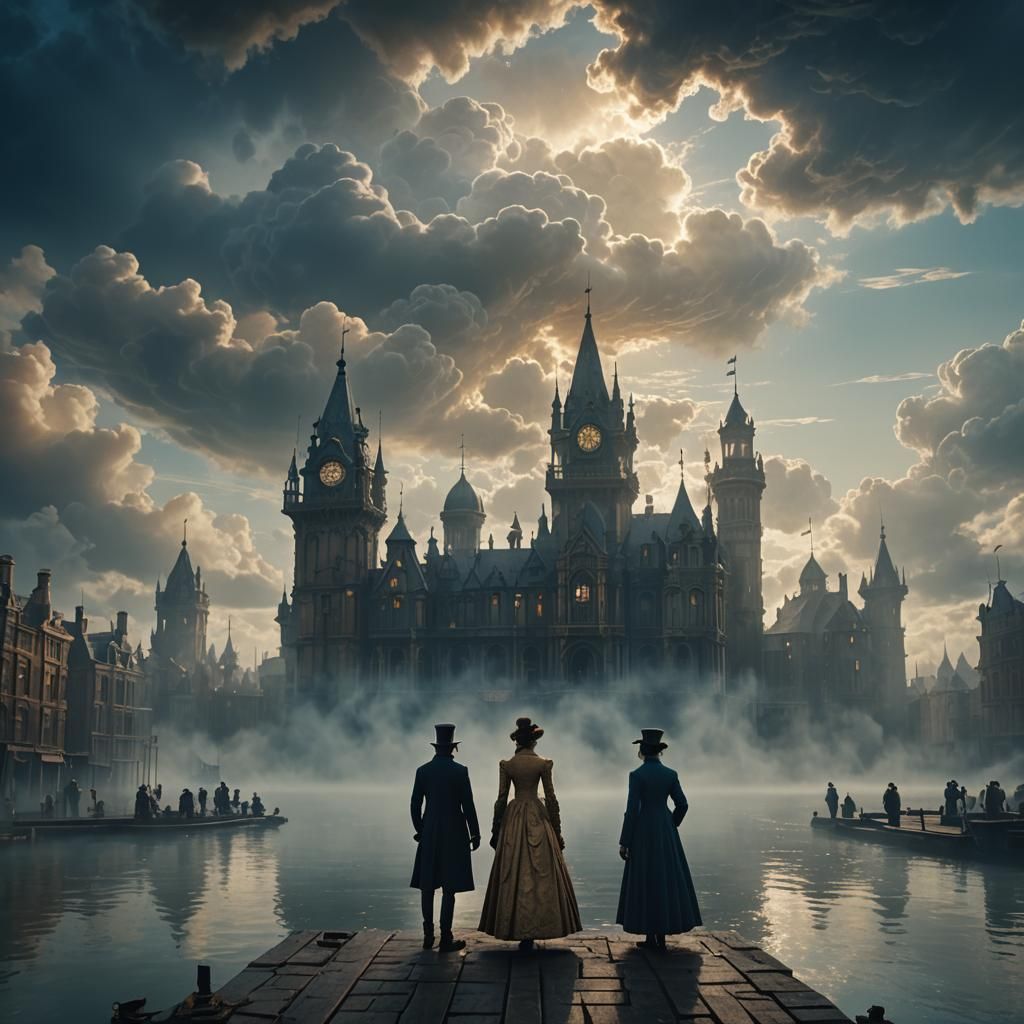 Floating Victorian City in Turner-Inspired Golden Light