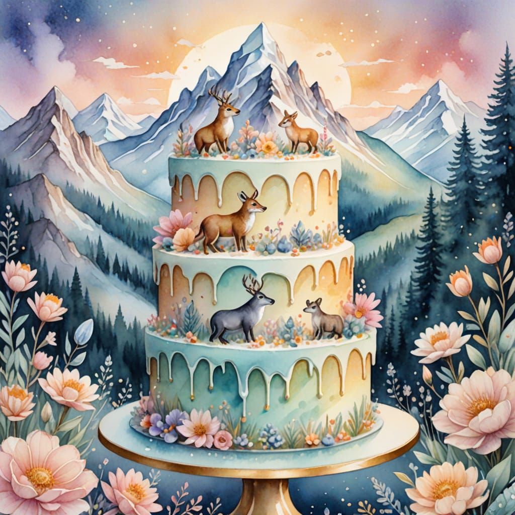 Whimsical Mountain Cake in Watercolor Style