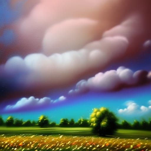Dramatic Cloudy Sky Over Wildflower Field in Graffiti Art