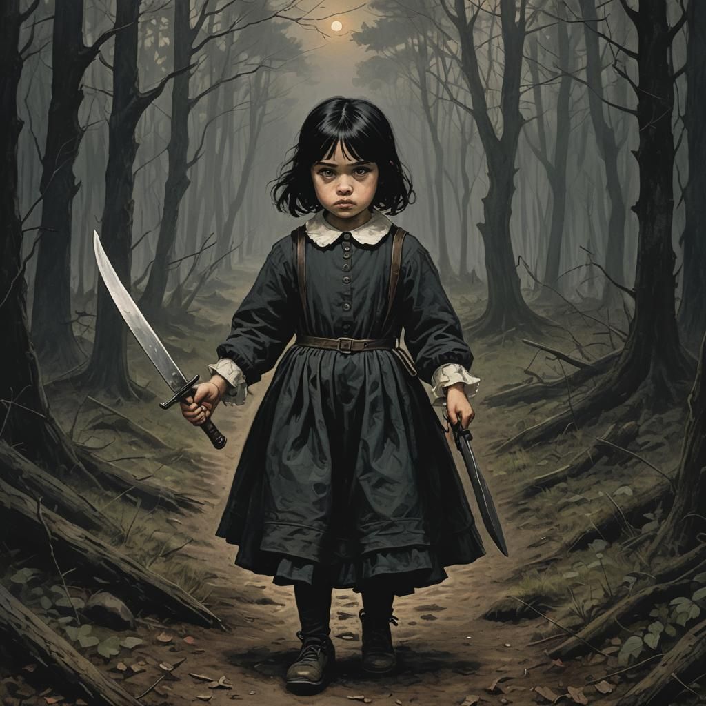 Gothic Little Girl with Knife in Dark Forest