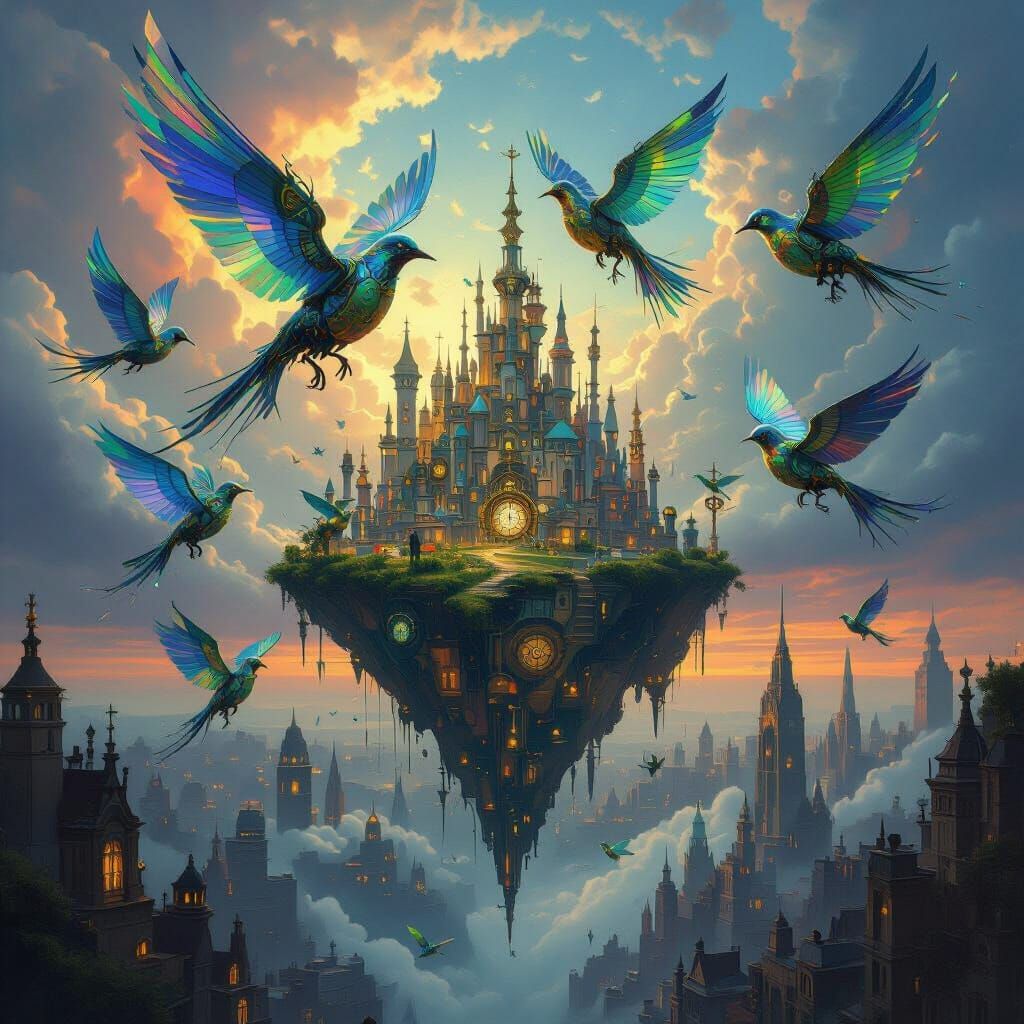 Mechanical Birds Take Flight From Floating Island Over City