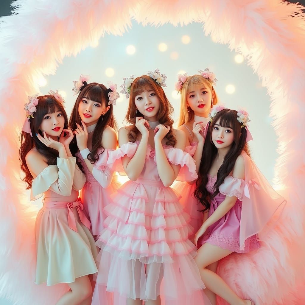 K-Pop Idols Surround Futuristic Portal in Pastel Hues