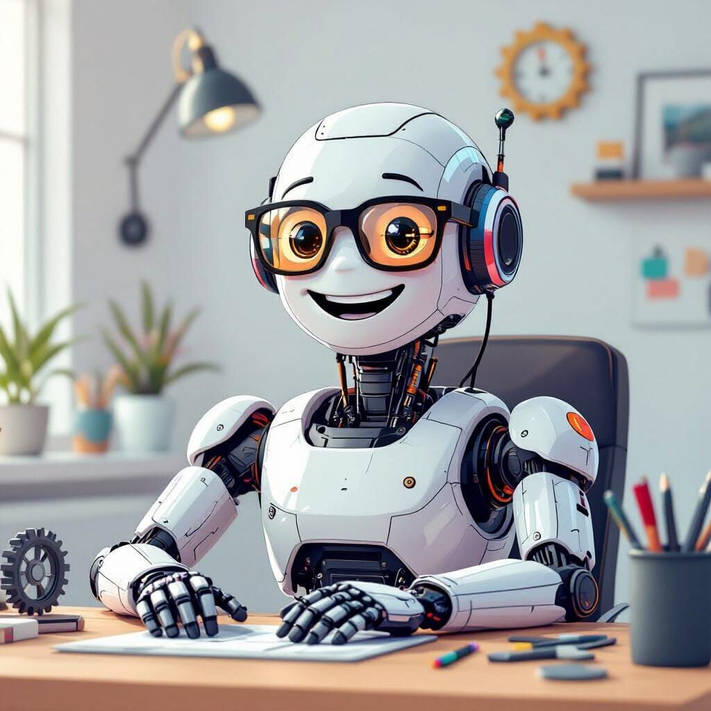 Friendly Robot at Desk in Minimalist Style
