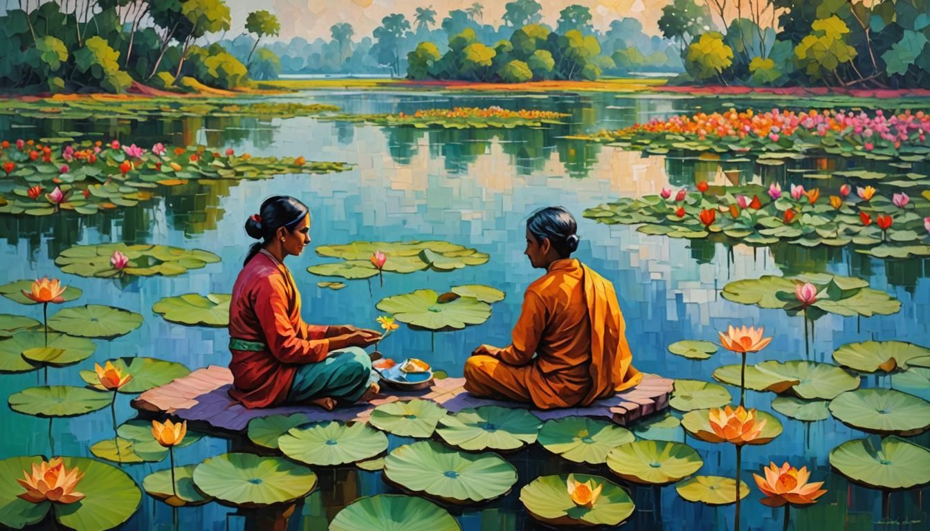 Hindu Couple by Lotus Lake: Neo-Impressionist Oil Painting