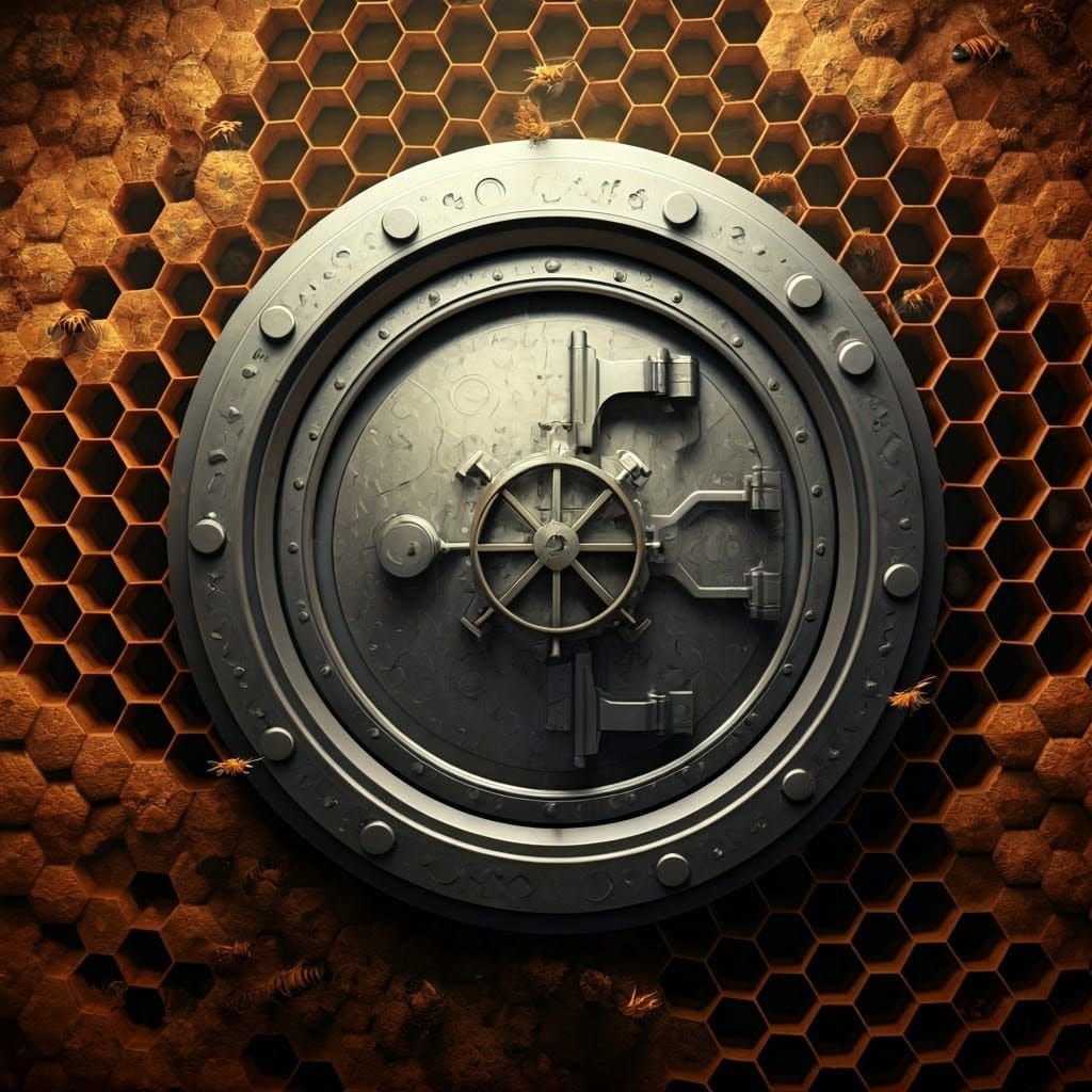 An armored vault door at the center of a bee hive