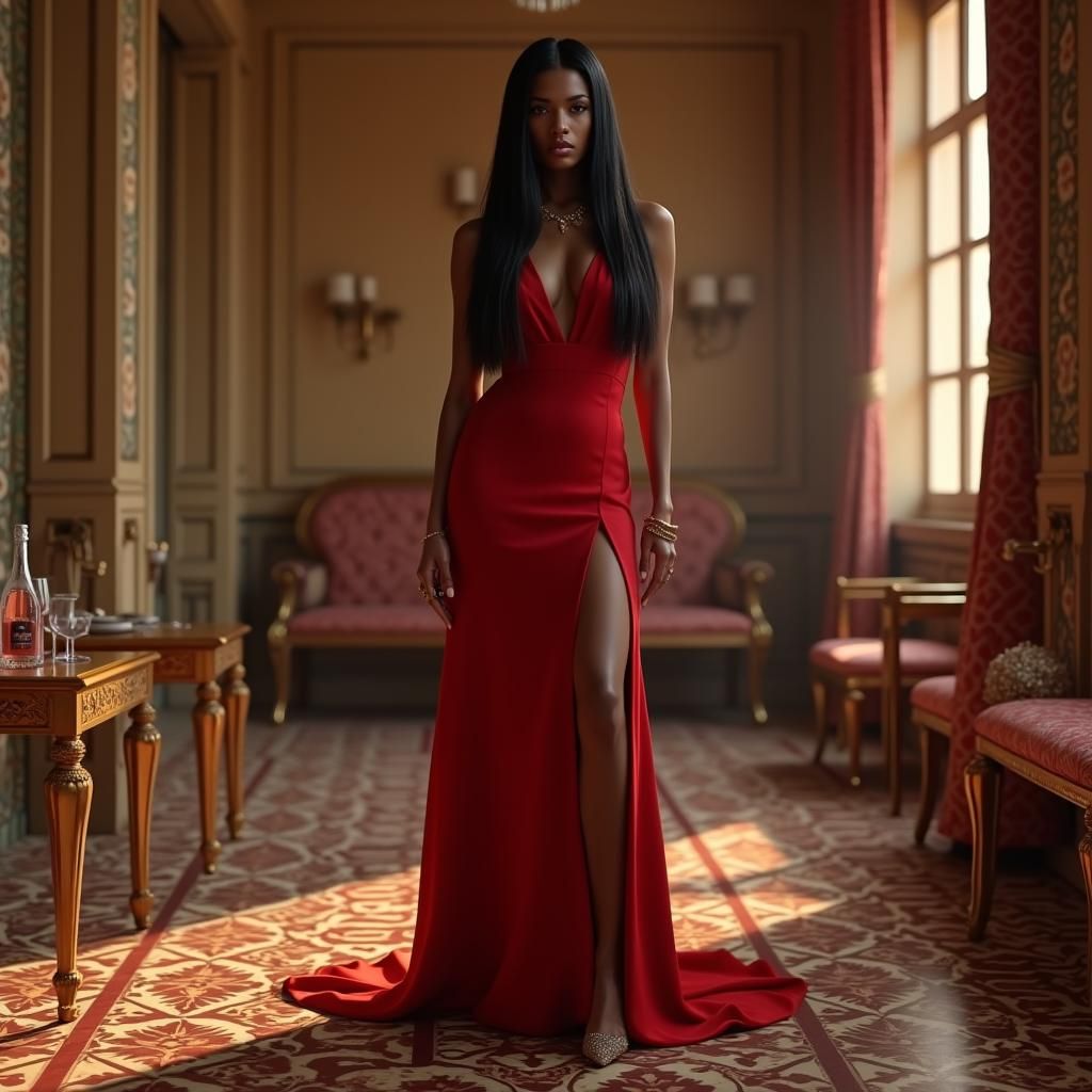 Elegant Woman in Opulent Room with Champagne