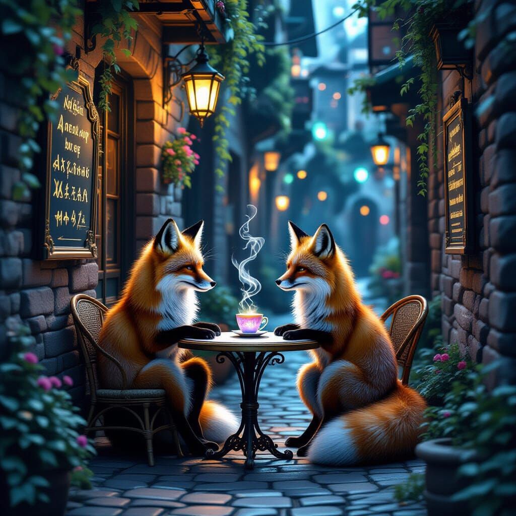 Cosmic Fox Enjoys Nebula Drink in Rune-Carved Alley