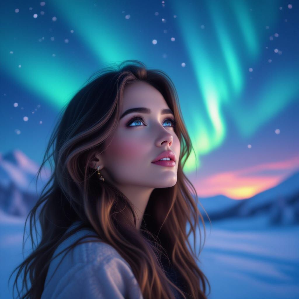 Woman Gazing at Boreal Lights in Art Nouveau Style