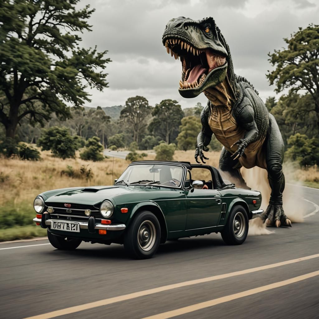 A t-Rex chasing a  Triumph TR6