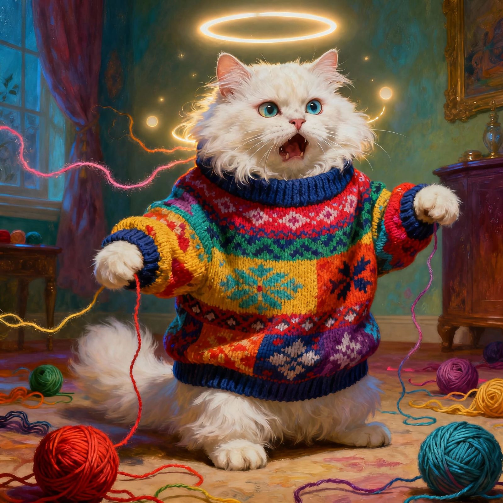 Bewildered Cat Struggles in Oversized Ugly Sweater