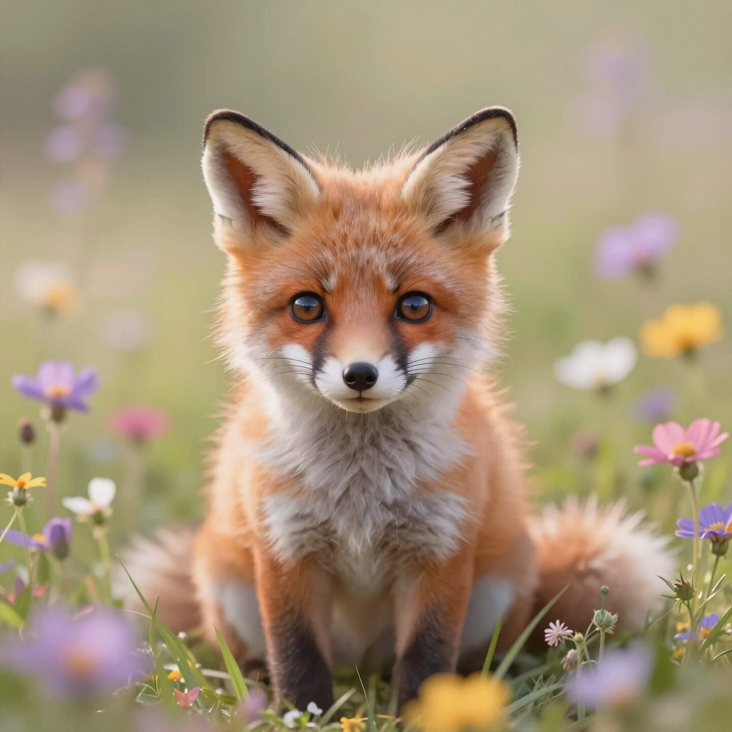 Adorable Baby Fox in Wildflower Field