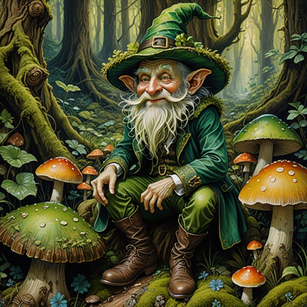 Mischievous Leprechaun on Mushroom in Enchanted Forest