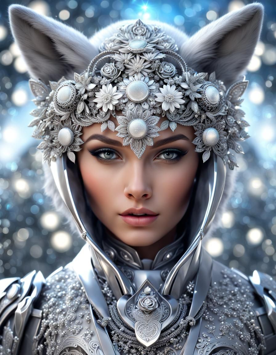 Futuristic Silver Cyborg with Fox, Digital Art
