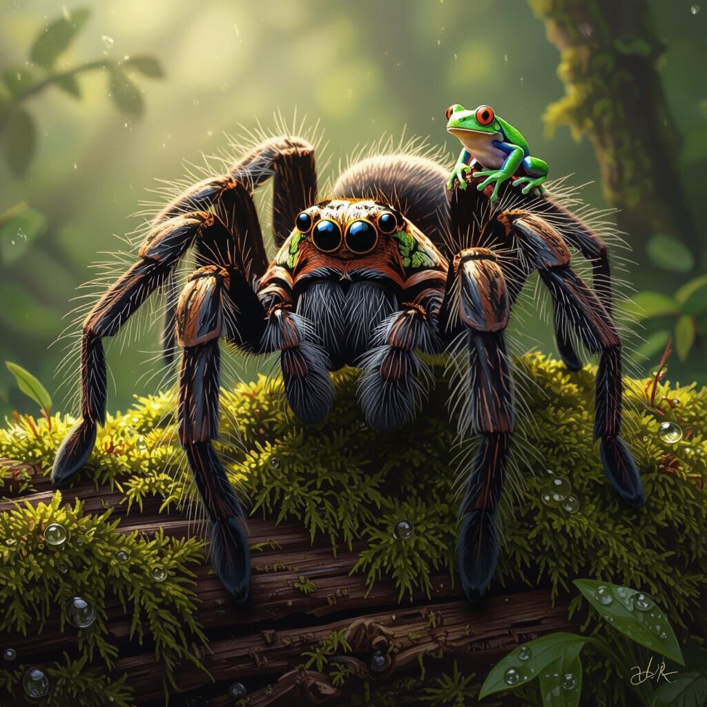 Giant Tarantula and Tiny Frog on Mossy Log